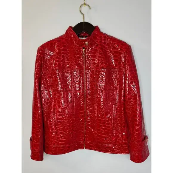 VTG St. John By Marie Gray Red Leather Women's Jacket Crocodile Embossed Sz 14